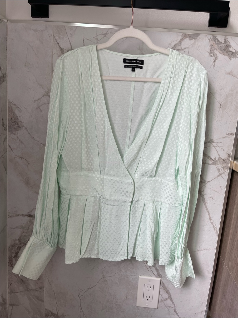 Something Navy Pale Mint Dot-Textured Wrap Blouse